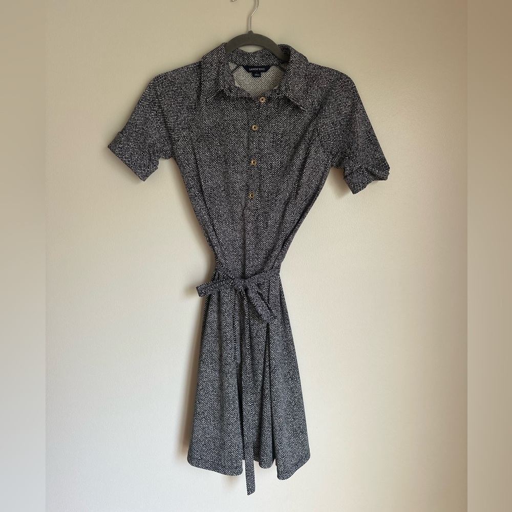 Lands End womens Black/Wht Print Polyester Quick Dry Belted Dress Size 0 XXS P